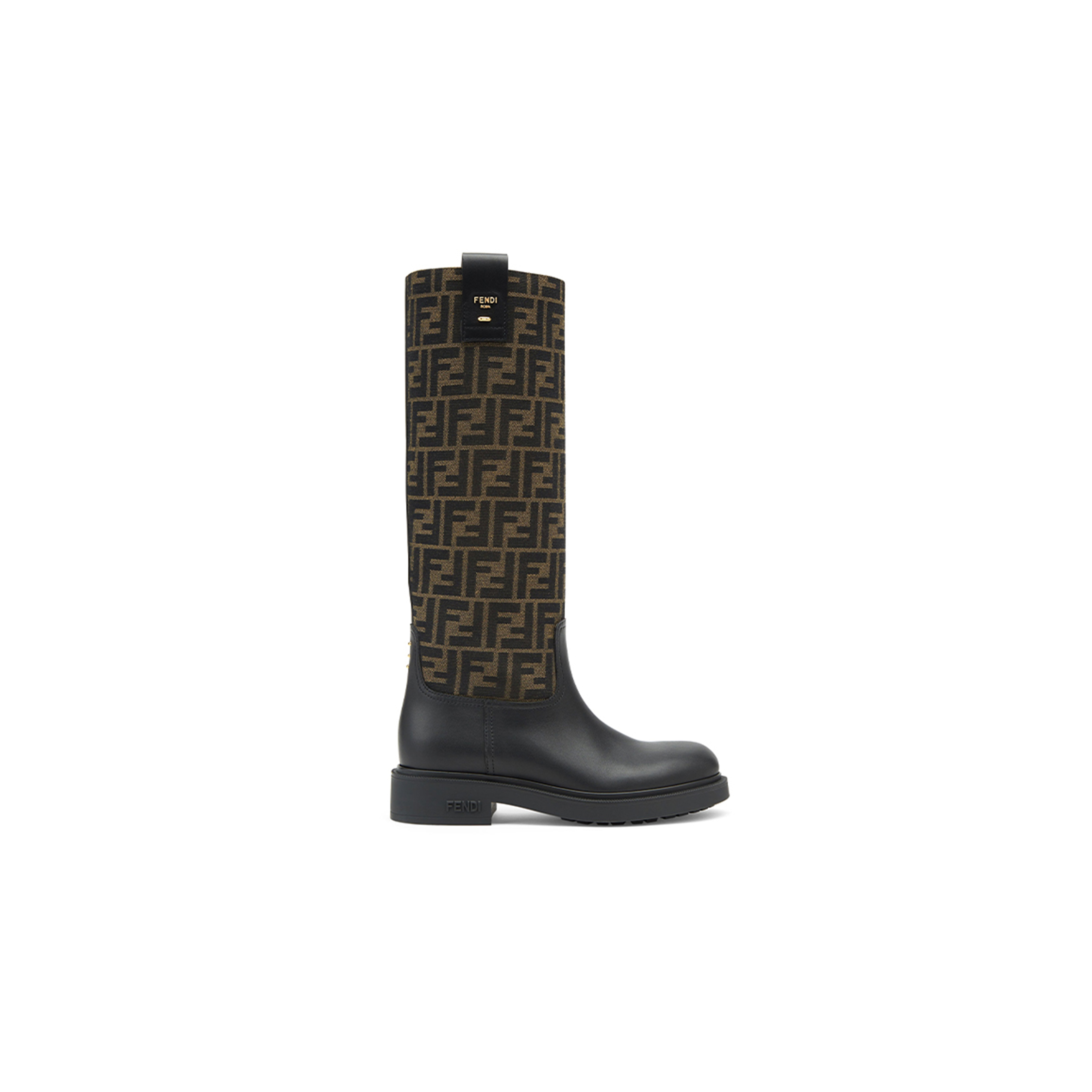 FENDI FILO BLACK LEATHER AND BROWN FF FABRIC BOOTS 8W8574AHGYF0PMM